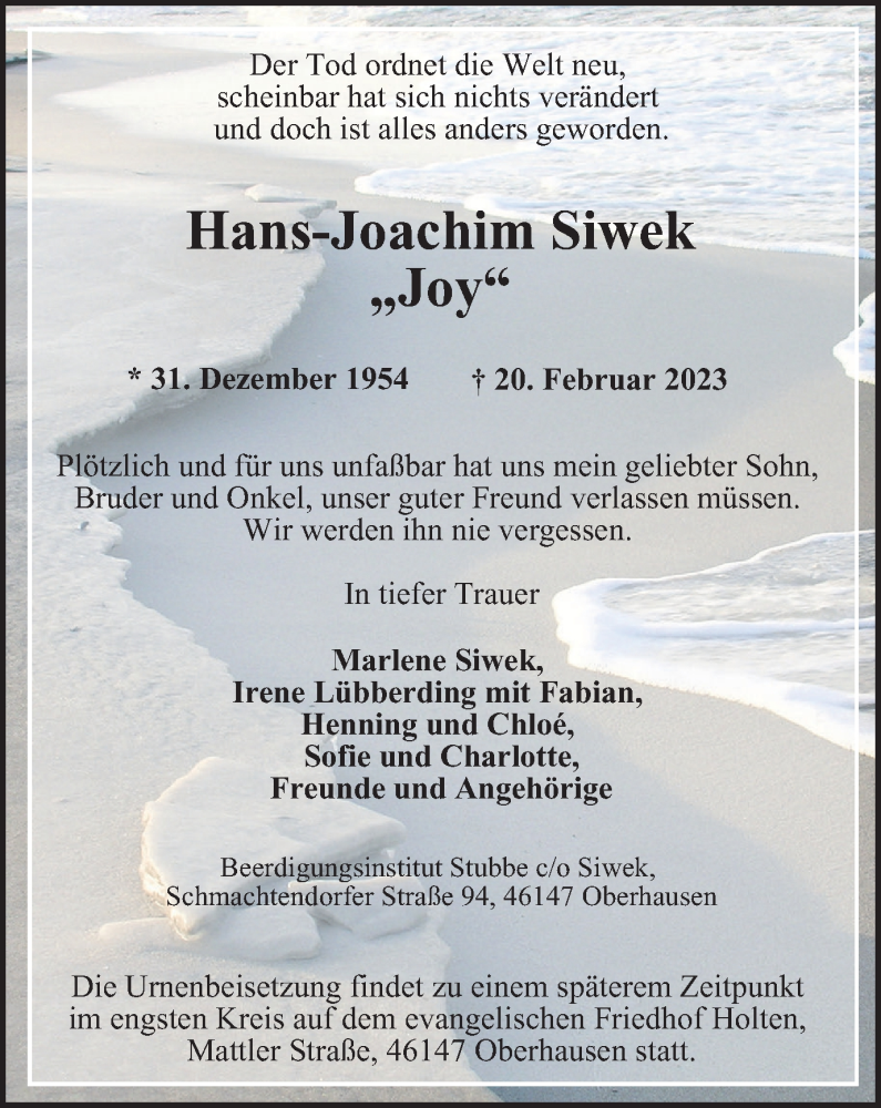  Traueranzeige für Hans-Joachim Siwek vom 04.03.2023 aus WVW Anzeigenblätter