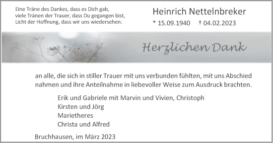 Traueranzeige von Heinrich Nettelnbreker von Tageszeitung