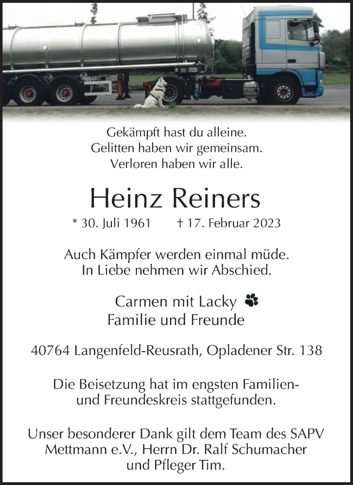  Traueranzeige für Heinz Reiners vom 11.03.2023 aus WVW Anzeigenblätter