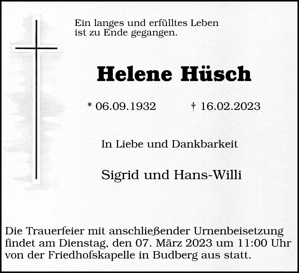  Traueranzeige für Helene Hüsch vom 03.03.2023 aus Tageszeitung