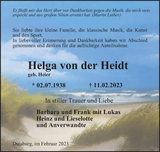 Traueranzeige von Helga von der Heidt von Tageszeitung