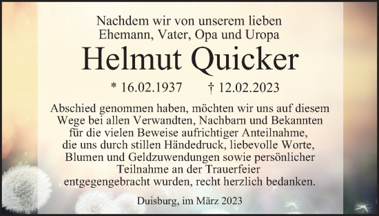 Traueranzeige von Helmut Quicker von Tageszeitung