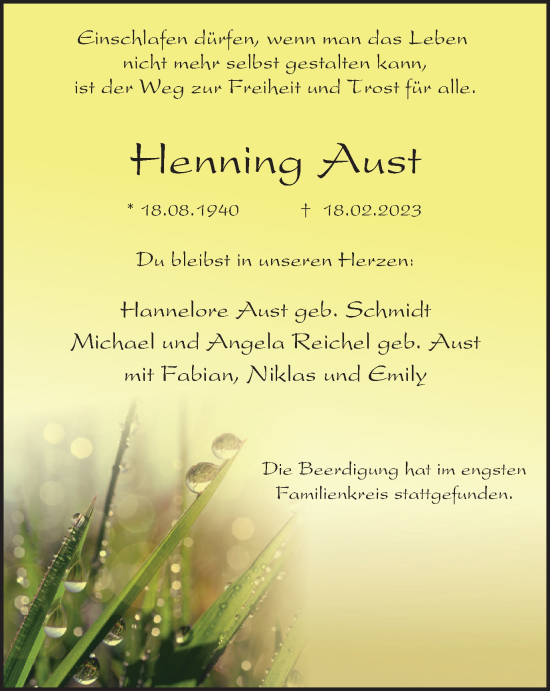 Traueranzeige von Henning Aust von Tageszeitung