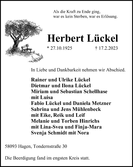 Traueranzeige von Herbert Lückel von Tageszeitung