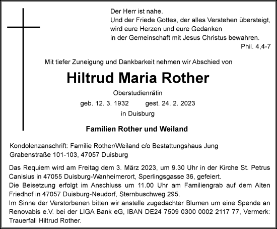 Traueranzeige von Hiltrud Maria Rother von Tageszeitung