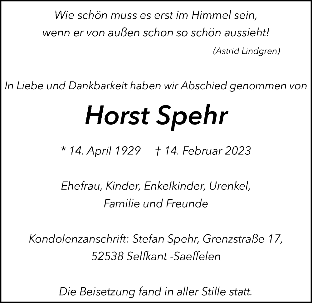  Traueranzeige für Horst Spehr vom 11.03.2023 aus Tageszeitung