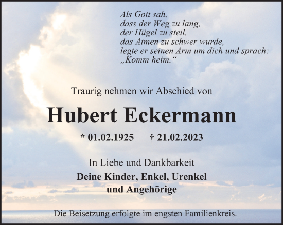 Traueranzeige von Hubert Eckermann von WVW Anzeigenblätter