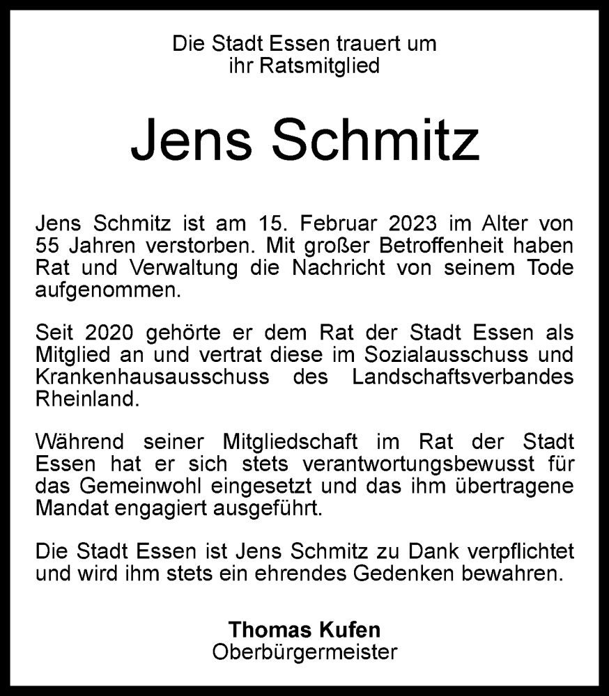  Traueranzeige für Jens Schmitz vom 02.03.2023 aus Tageszeitung