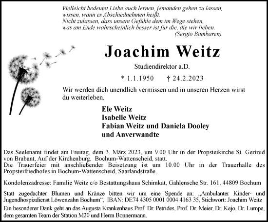 Traueranzeige von Joachim Weitz von Tageszeitung
