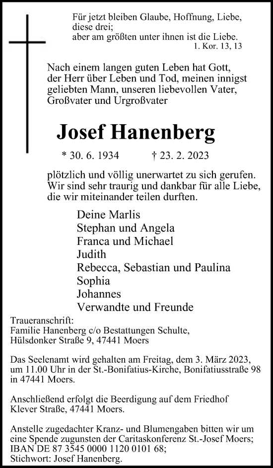 Traueranzeige von Josef Hanenberg von Tageszeitung