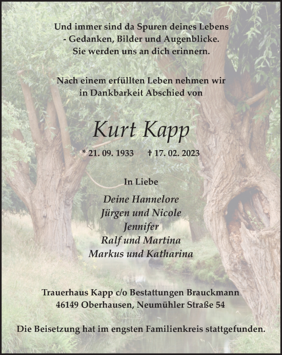 Traueranzeige von Kurt Kapp von WVW Anzeigenblätter