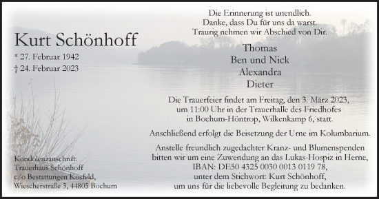 Traueranzeige von Kurt Schönhoff von Tageszeitung