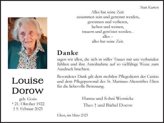 Traueranzeige von Louise Dorow von Tageszeitung