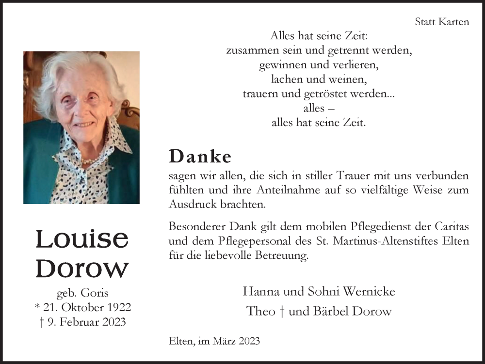  Traueranzeige für Louise Dorow vom 11.03.2023 aus Tageszeitung