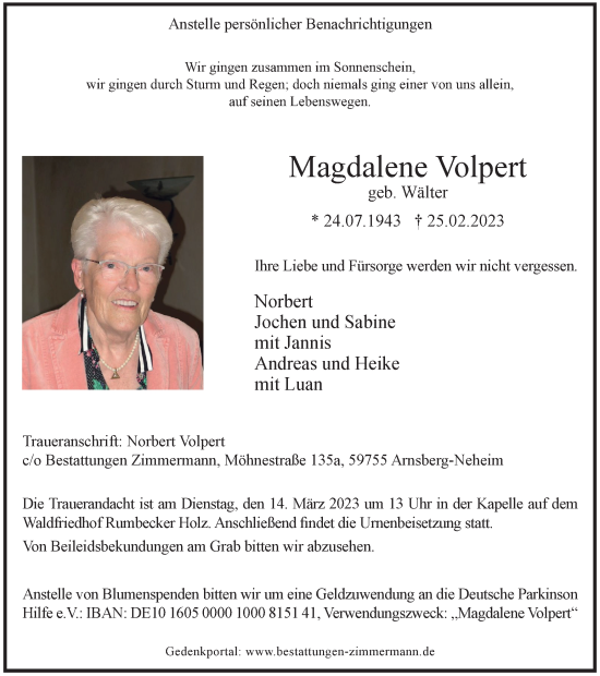 Traueranzeige von Magdalene Volpert von Tageszeitung