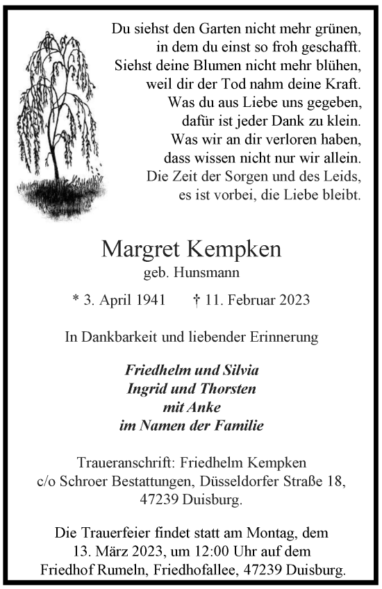 Traueranzeige von Margret Kempken von Tageszeitung