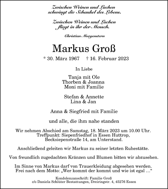 Traueranzeige von Markus Groß von Tageszeitung
