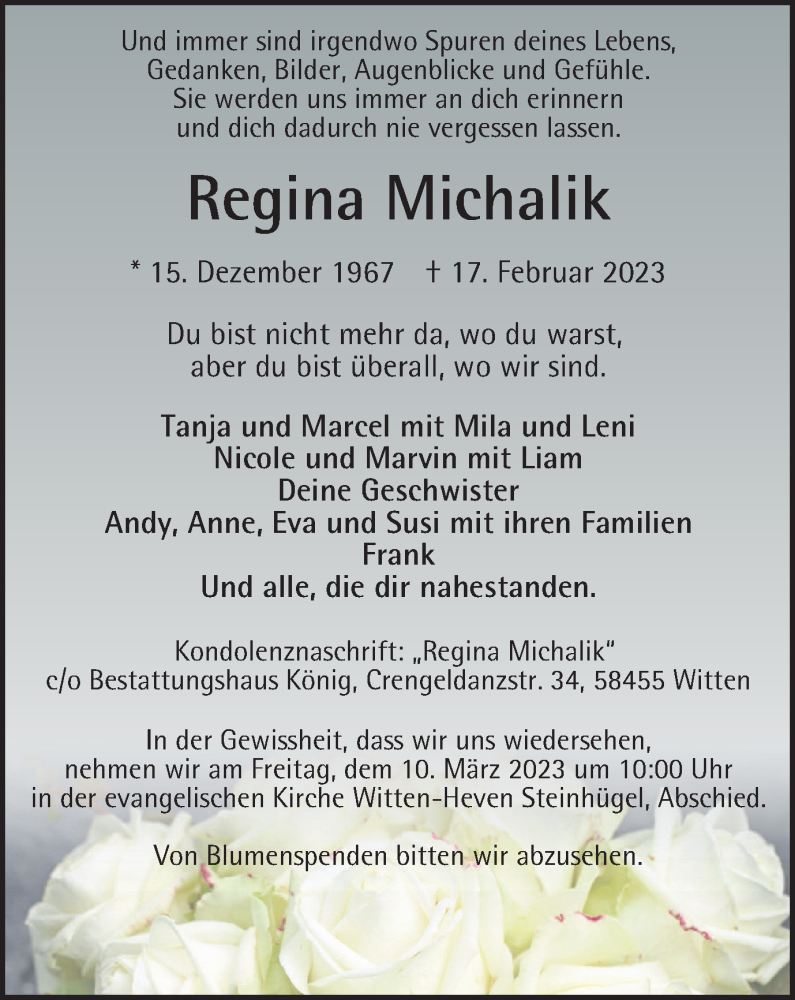 Traueranzeige für Regina Michalik vom 04.03.2023 aus WVW Anzeigenblätter