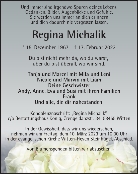 Traueranzeige von Regina Michalik von WVW Anzeigenblätter