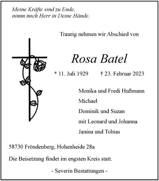 Traueranzeige von Rosa Batel von WVW Anzeigenblätter