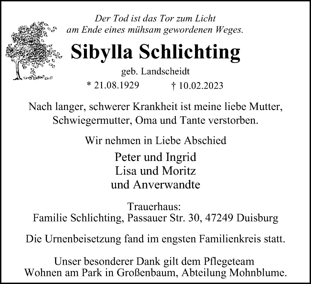  Traueranzeige für Sibylla Schlichting vom 11.03.2023 aus Tageszeitung