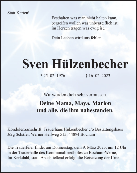 Traueranzeige von Sven Hülzenbecher von Tageszeitung