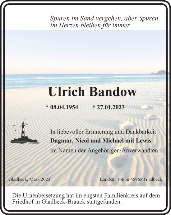 Traueranzeige von Ulrich Bandow von WVW Anzeigenblätter
