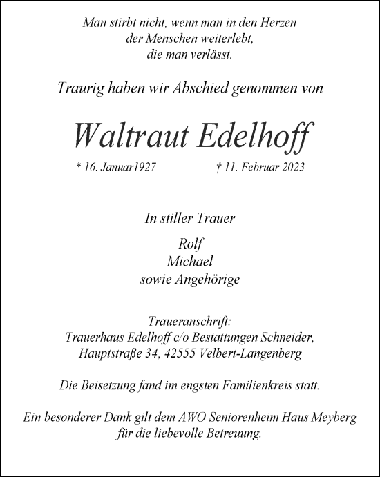 Traueranzeige von Waltraut Edelhoff von WVW Anzeigenblätter