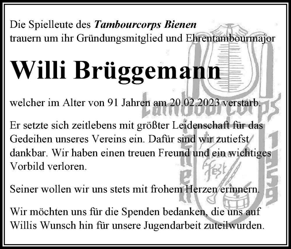  Traueranzeige für Willi Brüggemann vom 25.03.2023 aus Tageszeitung