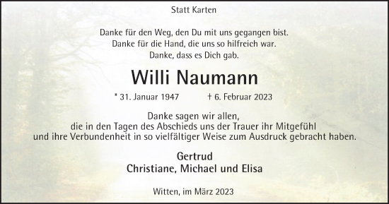 Traueranzeige von Willi Naumann von Tageszeitung