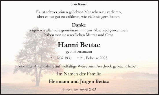 Traueranzeige von Hanni Bettac von Tageszeitung