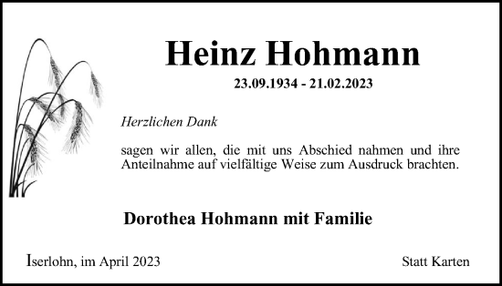 Traueranzeige von Heinz Hohmann von Tageszeitung