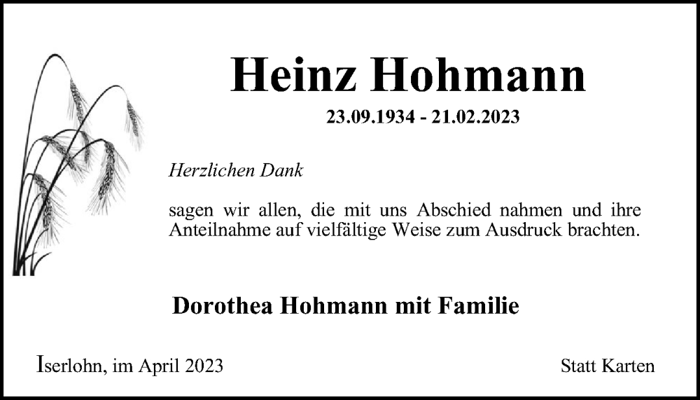  Traueranzeige für Heinz Hohmann vom 08.04.2023 aus Tageszeitung