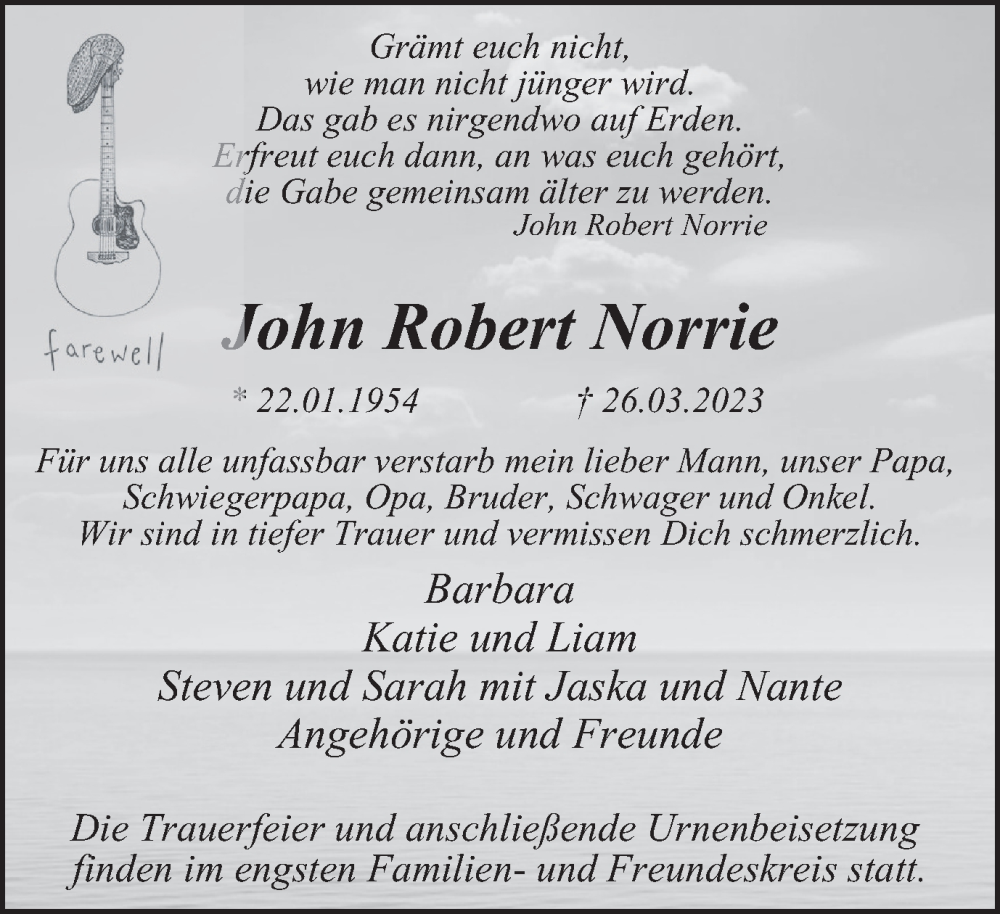  Traueranzeige für John Robert Norrie vom 08.04.2023 aus Tageszeitung