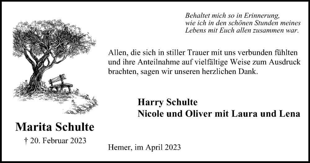  Traueranzeige für Marita Schulte vom 01.04.2023 aus Tageszeitung