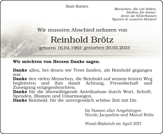 Traueranzeige von Reinhold Brötz von Tageszeitung