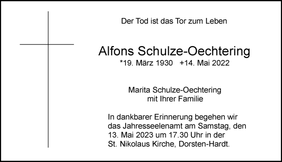Traueranzeige von Alfons Schulze-Oechtering von Tageszeitung