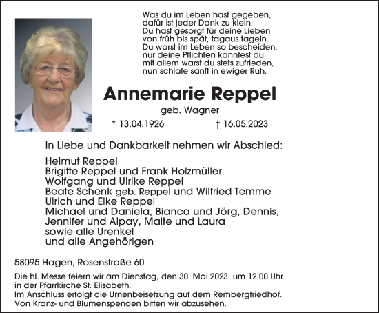 Traueranzeige von Annemarie Reppel von Tageszeitung