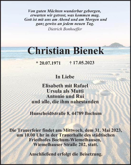 Traueranzeige von Christian Bienek von Tageszeitung