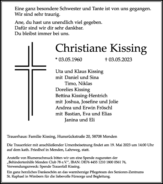 Traueranzeige von Christiane Kissing von Tageszeitung