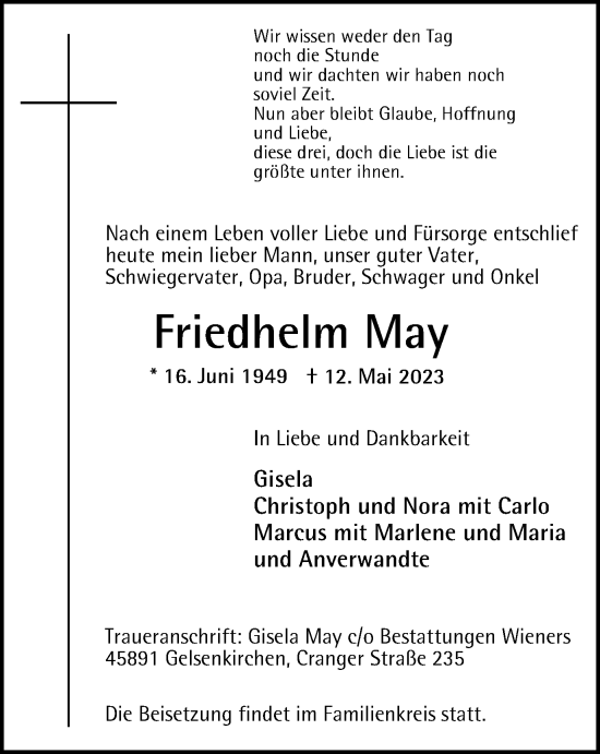 Traueranzeige von Friedhelm May von Tageszeitung