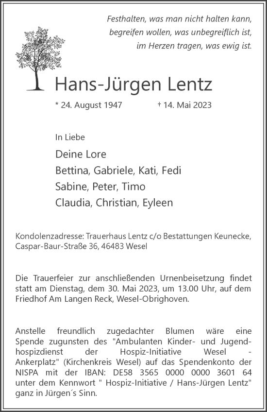 Traueranzeige von Hans-Jürgen Lentz von Tageszeitung