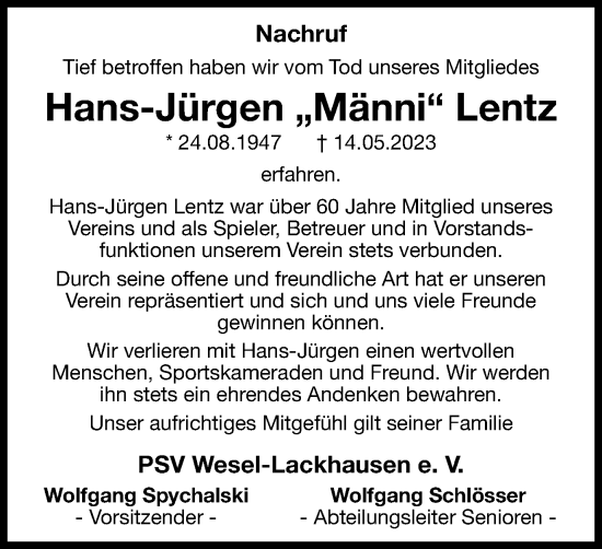 Traueranzeige von Hans-Jürgen Lentz von Tageszeitung