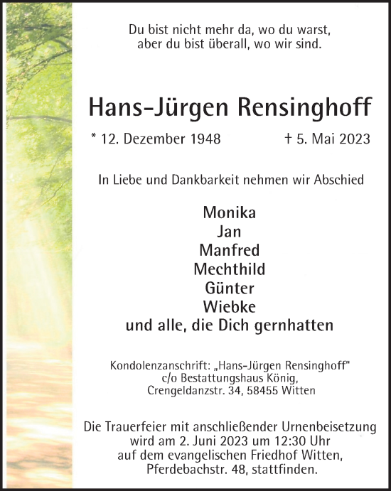 Traueranzeige von Hans-Jürgen Rensinghoff von Tageszeitung