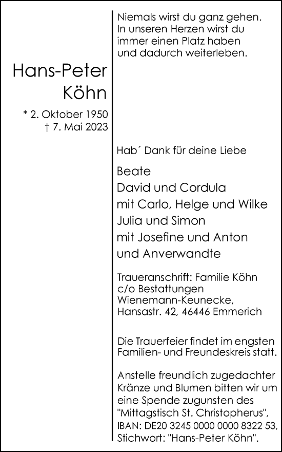 Traueranzeige von Hans-Peter Köhn von Tageszeitung