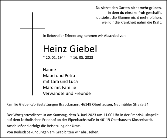 Traueranzeige von Heinz Giebel von Tageszeitung