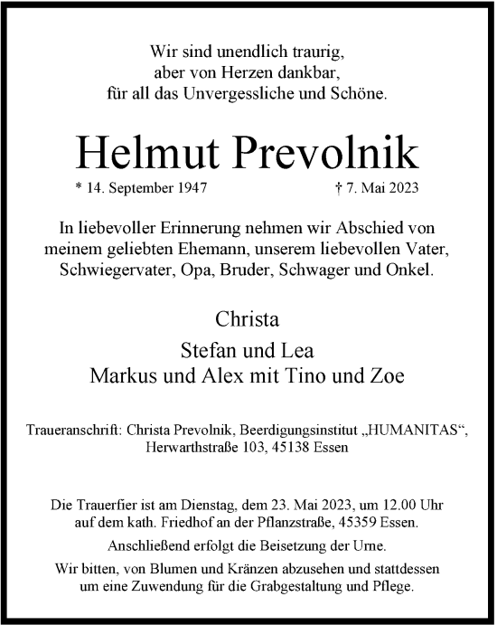 Traueranzeige von Helmut Prevolnik von Tageszeitung