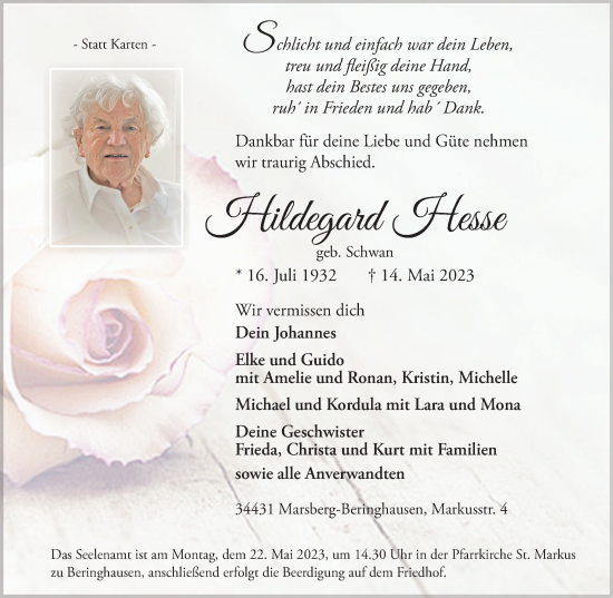 Traueranzeige von Hildegard Hesse von Tageszeitung