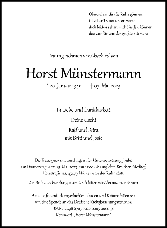 Traueranzeige von Horst Münstermann von Tageszeitung