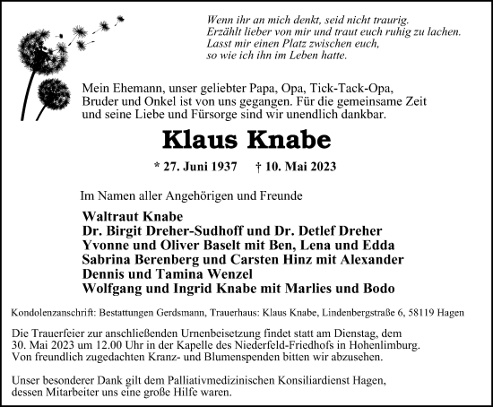 Traueranzeige von Klaus Knabe von Tageszeitung